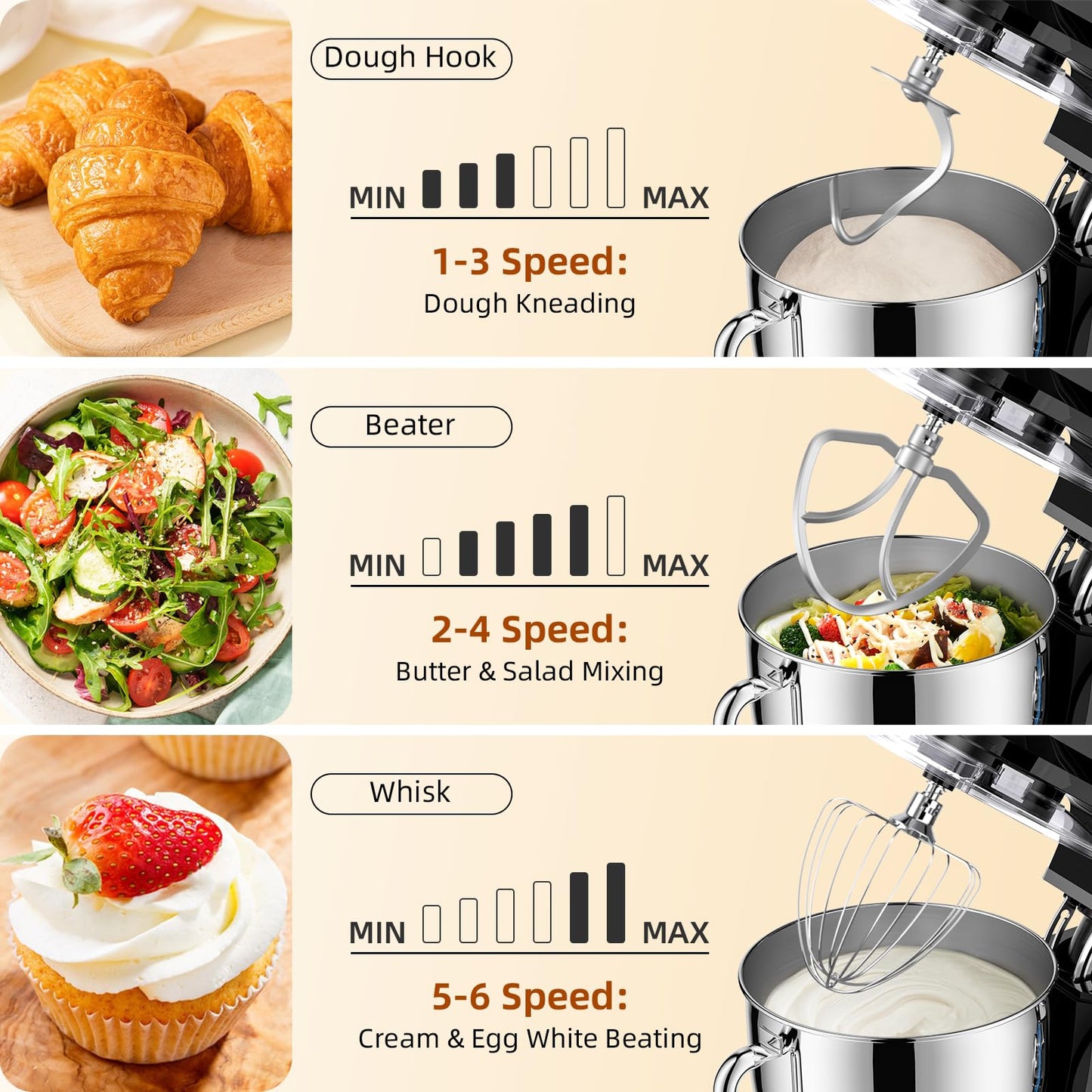 Babroun Dough Mixer 8.45 QT Electric Mixer - 660W 6 Speed Large Capacity Kitchen Stand Mixer with Whisk Dough Hook Mixing Beater Household Food Mixer for Baking Cakes Cookie Bread Salad