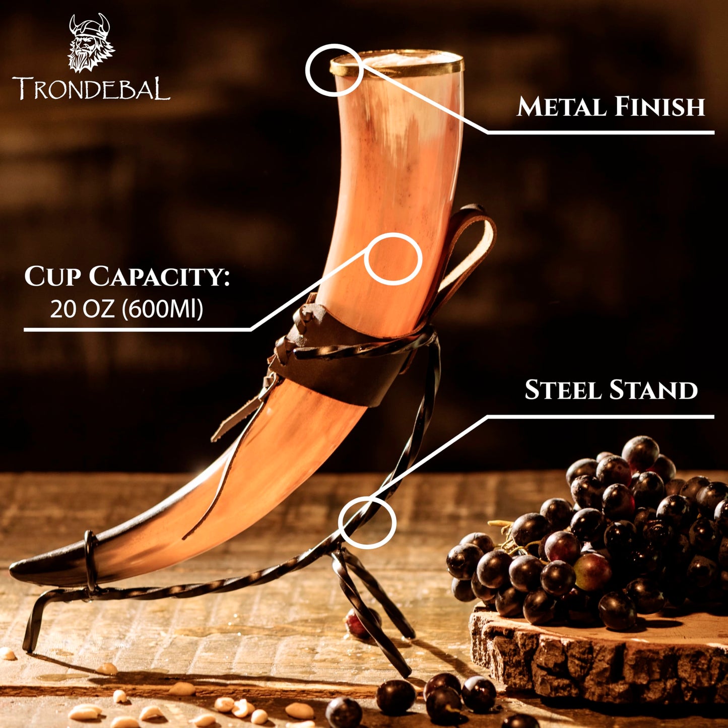 Trondebal Viking Drinking Horn 15-20 oz with Metal Stand | Hand-Crafted Ox Horn Cup for Mead, Ale, Beer | Medieval Norse Gift & Home Bar Décor, Food-Safe Lacque Unique Beer Gift for Men and Women