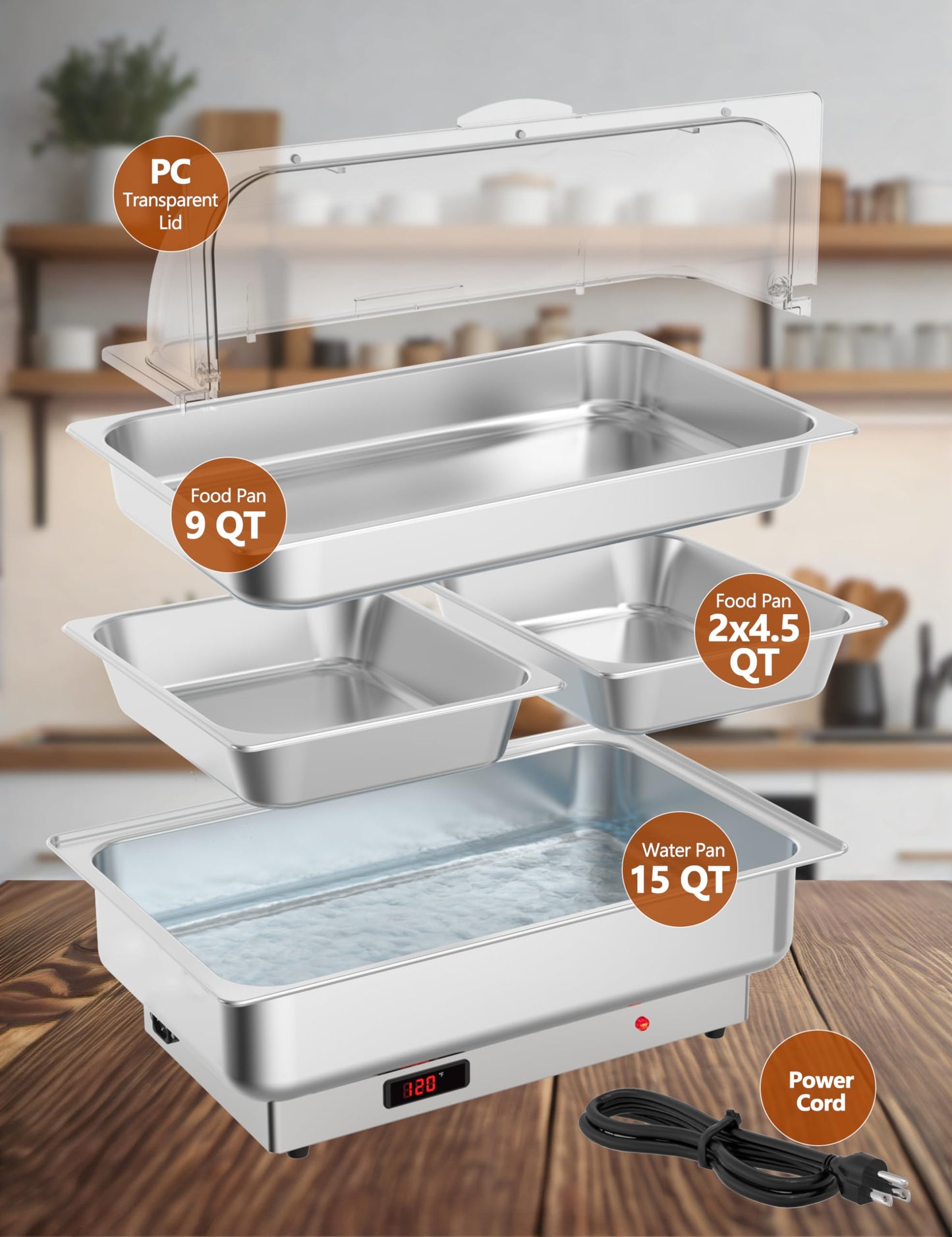 GarveeHome 2 Pack Electric Chafing Dishes Buffet Set, Roll Top Catering Chafer Server Food Warmer with Cover and 1 Full-size Pan & 2 Half-size Pans for Party Wedding Banquet