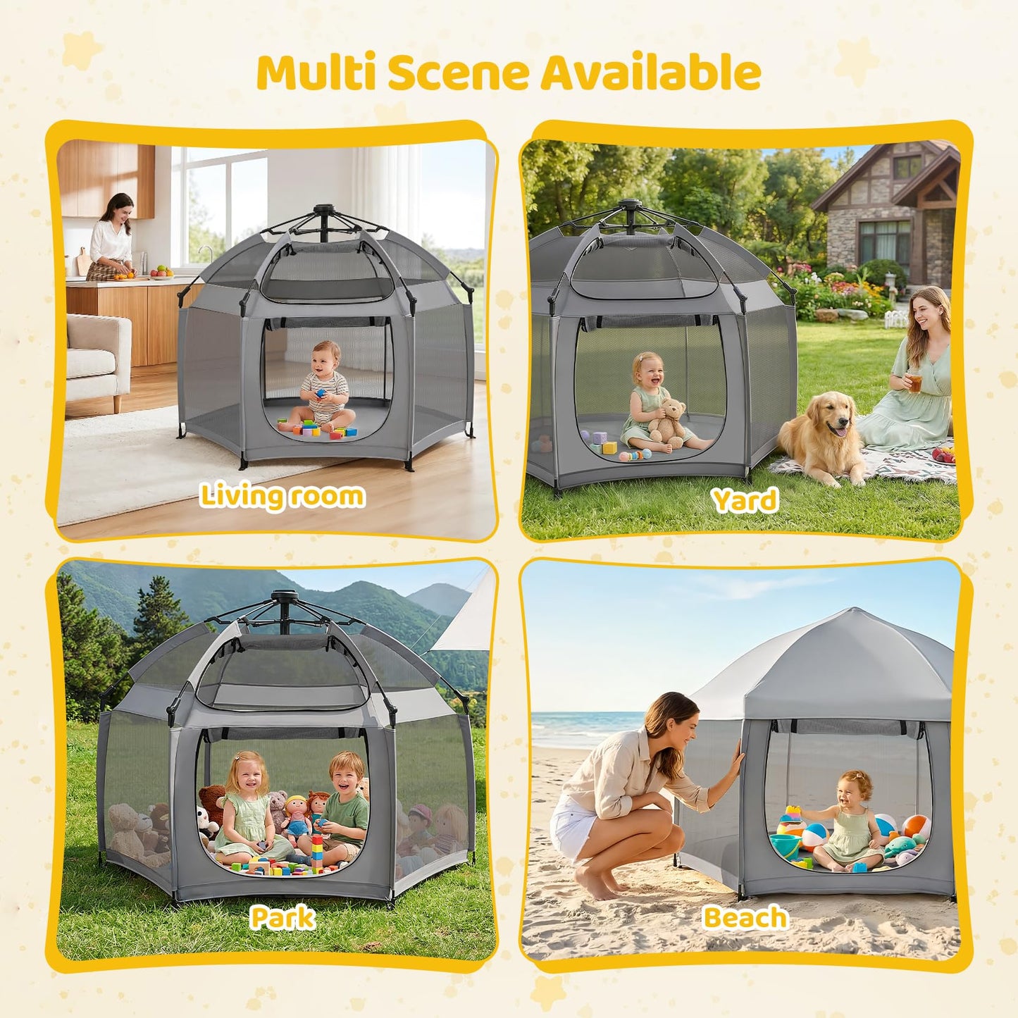 Dripex Pop Up Playpen for Babies and Toddlers with Built-in Pad & One-Click Safe Lock,Foldable Indoor/Outdoor Playpen with Roll-Up Door &Top Mesh Window, Portable Travel Play Pen &Baby Beach Tent,Grey