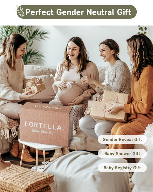 Fortella Baby Play Gym & Activity Mat, Machine Washable & Foldable Tummy Time Mat with 5 Detachable Toys, Certified Safe Newborn Essentials Gift for Baby Registry 0-12 Months (Sage Green)