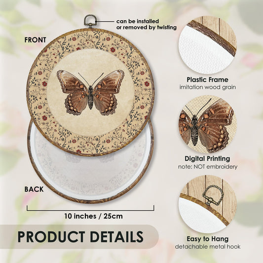 Fewgb Vintage Butterfly Round Wall Art Decor Framed for Gallery Bedroom Living Room Kitchen Bathroom, Floral Flower Botanical Canvas Wall Art Prints Picture, Neutral Beige Hanging Room Decor 10x10