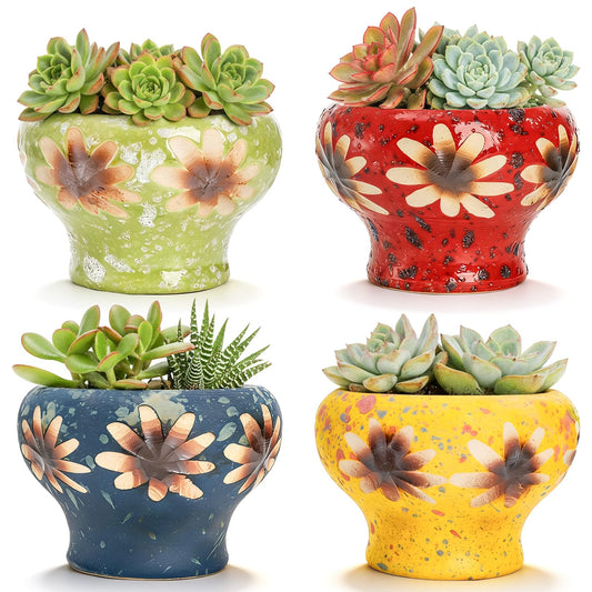 Prygew Small Succulent Planters Set of 4, 4 Inch Hand Crafted Ceramic Plant Pots with Drainage, Colorful Decorative Flower Cactus Pots for Indoor Plants, Desk, Windowsill, Home, Office