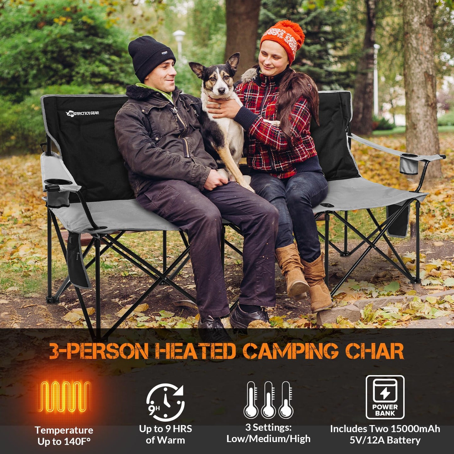 ANTARCTICA GEAR Heated Double Camping Chair with 12V 15000mAh Battery Pack - Heavy-Duty XL Folding Bench for Outdoor, Campsites, Tailgating - Portable Heated Seating with Adjustable Warmth