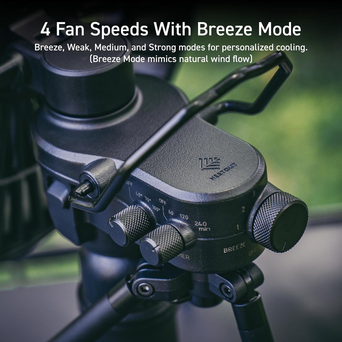 NESTOUT Outdoor Camping Fan with Tripod, 4 Speed Settings & Breeze Mode, 3 Angle Oscillation, 90° Adjustable Tilt, Timer (30/60/90 mins), USB C Compatible, Portable Tent Fan (Black Full Kit)