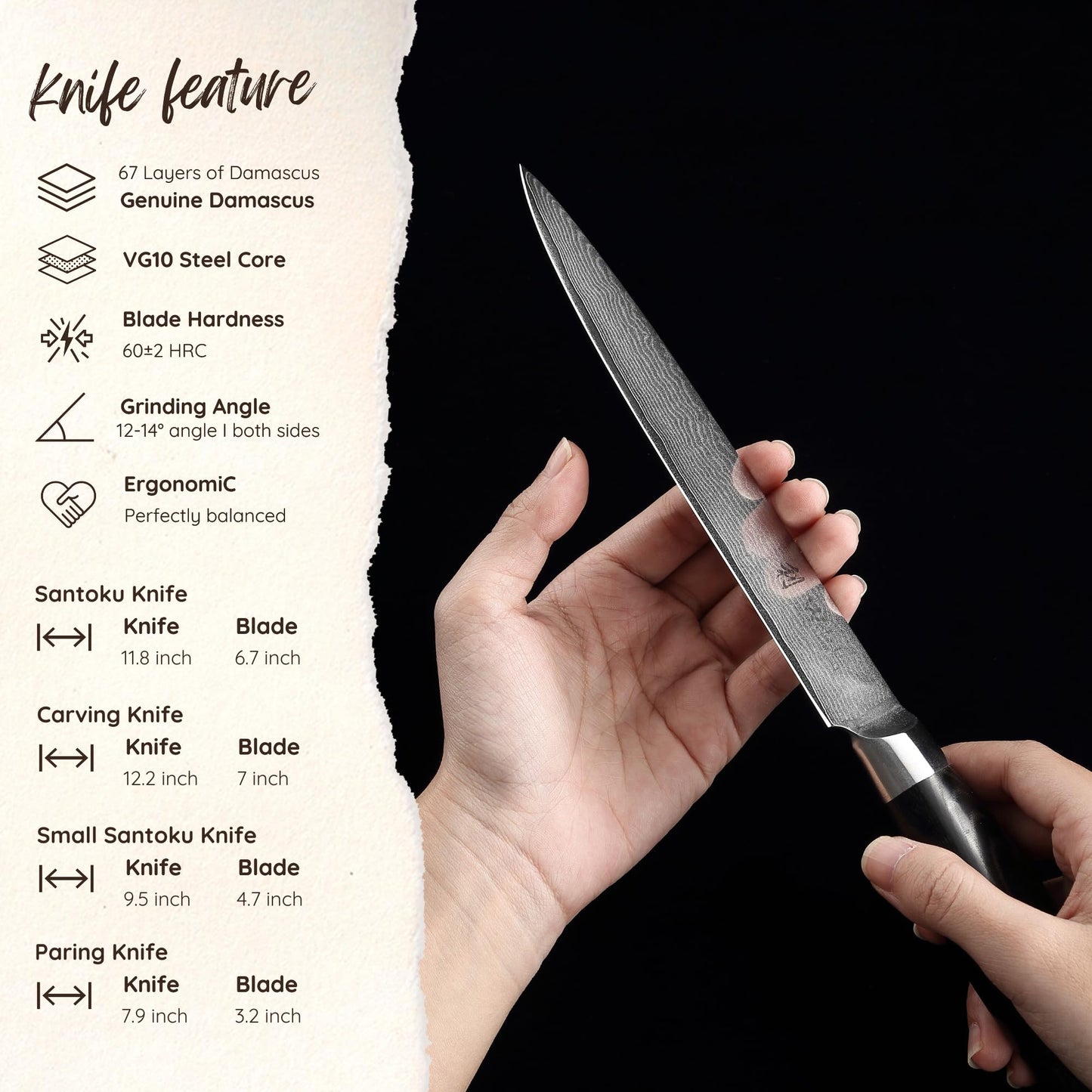 Wakoli Mikata 4-Piece Damascus Knife Set – Professional Kitchen Knife Set with VG10 Core, 67-Layer Damascus Steel and Ergonomic Micarta Handles – Premium Kitchen Knives in Gift Box