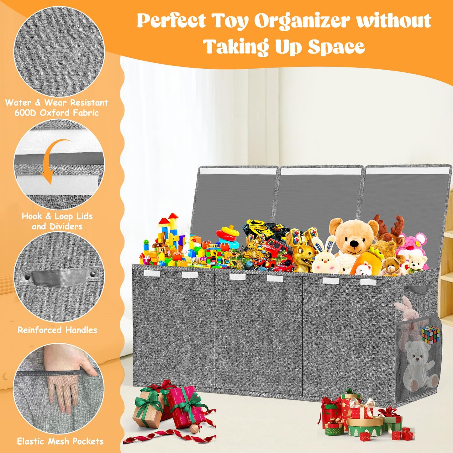 Beadsky Extra Large Toy Box, Toy Chest for Toddlers with Lids, Collapsible Toy Storage Organizer, Kids Bin Boxes Storage Basket for Boys, Girls, Nursery, Living Room, Playroom, 40"x14"x16", Gray