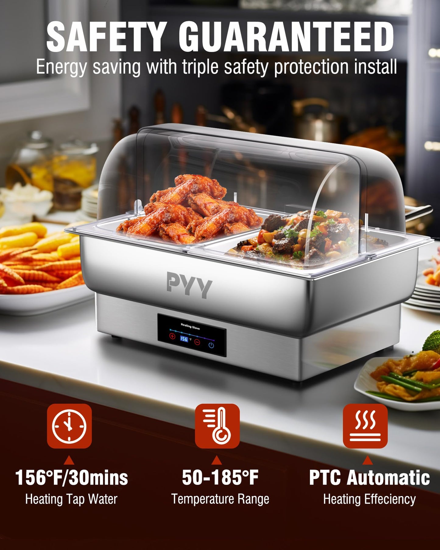 PYY Electric Chafing Dish Buffet Set, Roll Top Chafing Dish, Stainless Steel Chaffing Server Set Chafer for Catering,Buffets (2 Half-Size with Lid)