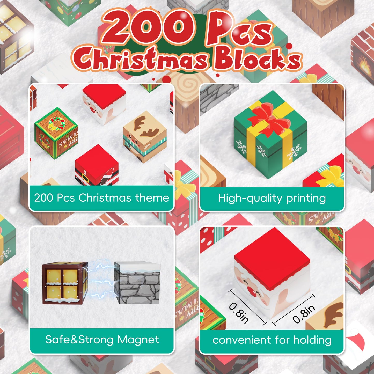 Timetome Magnetic Blocks, 200PCS Magnetic Building Block Cubes, STEM Montessori Sensory Toys for Kids Boys Girls Ages 3 4 5 6 7 8 9 10 (Christmas Version)