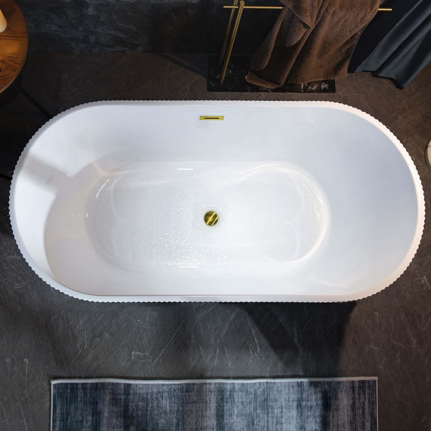 WOODBRIDGE 67" L x 31-1/2" W Freestanding Contemporary Soaking Bathtub,Unique Pleated Design,with Brushed Gold Pop-Up Drain Drain and Overflow Option, White,B1526-BG