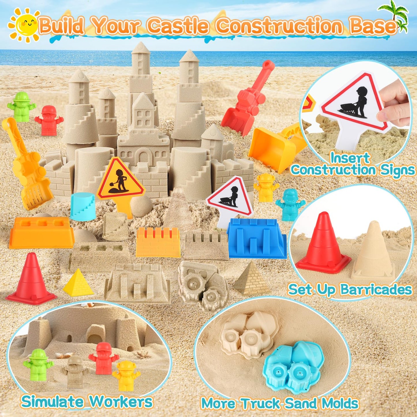 Elovien Beach Sand Toys, Large Dump Truck with Bucket, Sandbox Construction Toy Sand Castle Building Kit with Mesh Bag, Sand Molds, Shovels, Worker Figures, Kids Toddlers Summer Outdoor Travel Toys