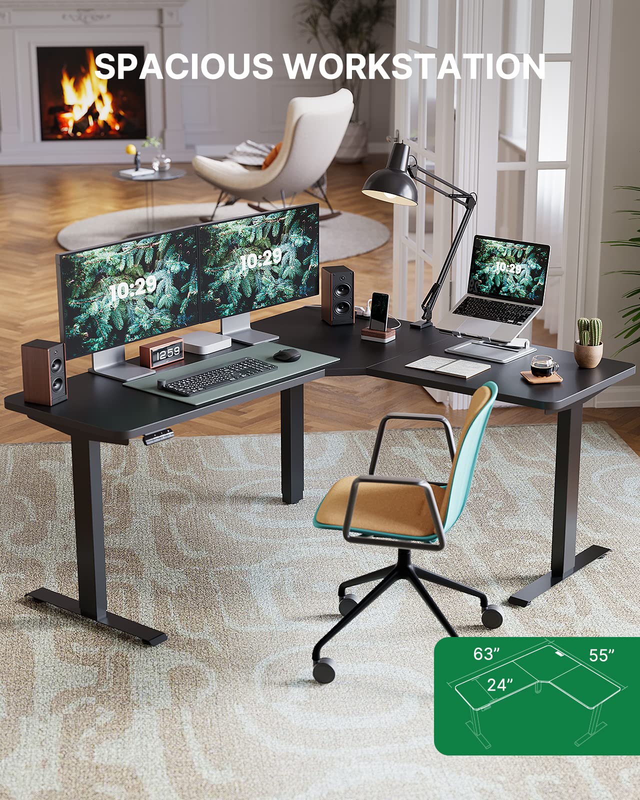 Totnz L Shaped Electric Standing Desk Adjustable Height with 4-in 1 Electical Outlet, 63x55 Inch Standing Desk with Headphone Hook, Stand up Desk for Home Office Sturdy Writing Workstation Black