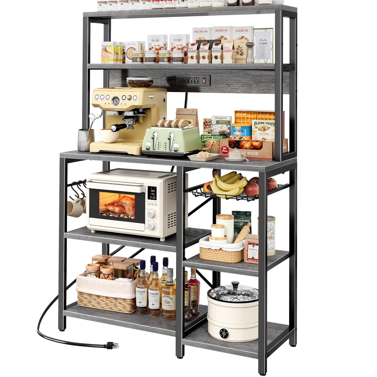 SUPERJARE Bakers Rack with Power Outlet, 35.4 Inches Coffee Bar with Wire Basket, Kitchen Microwave Stand with 6 S-Shaped Hooks, Open Storage Shelves, Charcoal Gray