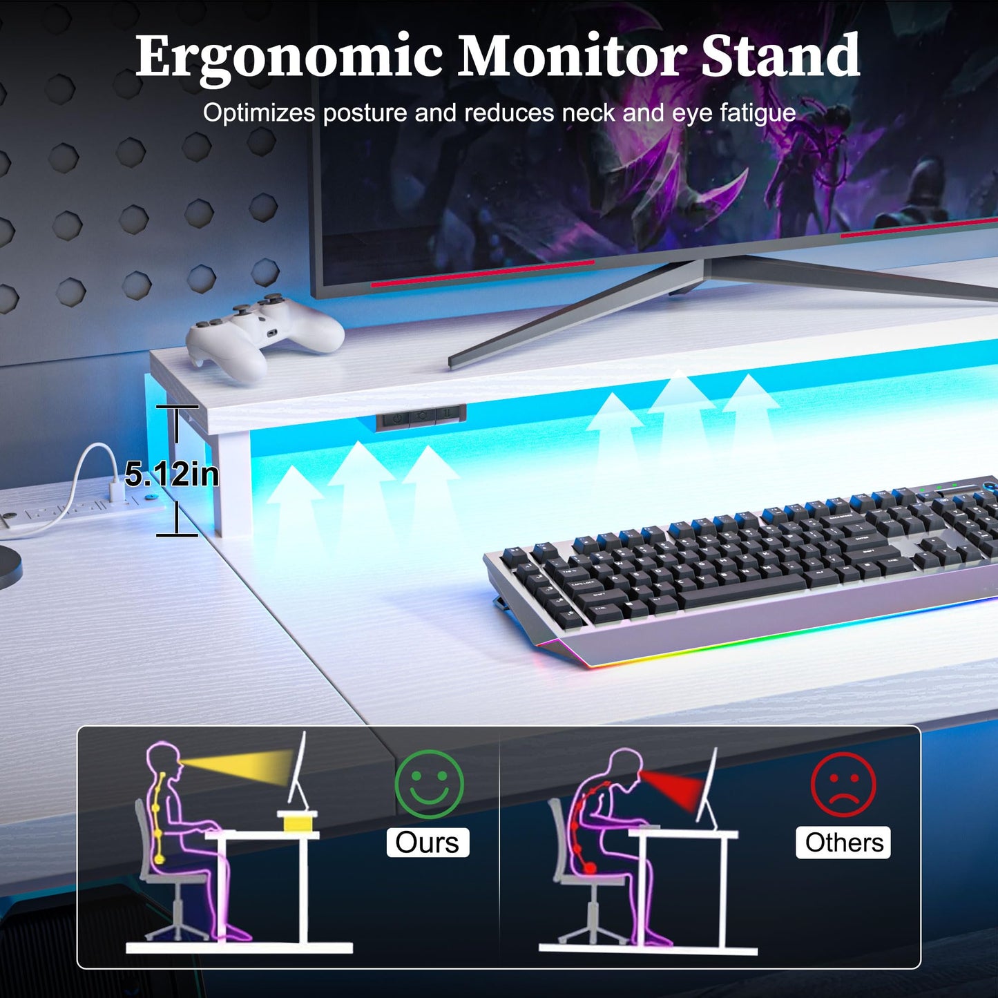 Dithoko 70.8 Inch Large Computer Desk with Power Outlet & LED Lights,Modern Home Office Desk with Ergonomic Monitor Stand,Extra Long Executive Office Writing Desk for Gaming, Work, Study, White