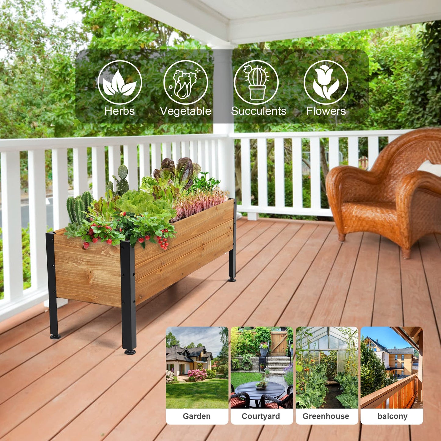 Borsynium Wooden Rectangular Flower Box with Low-Iron Legs, Planting Bed for Flowers and Vegetables, Suitable for Garden and Balcony. Dimensions:39.37 * 13.9 * 12.5 inches