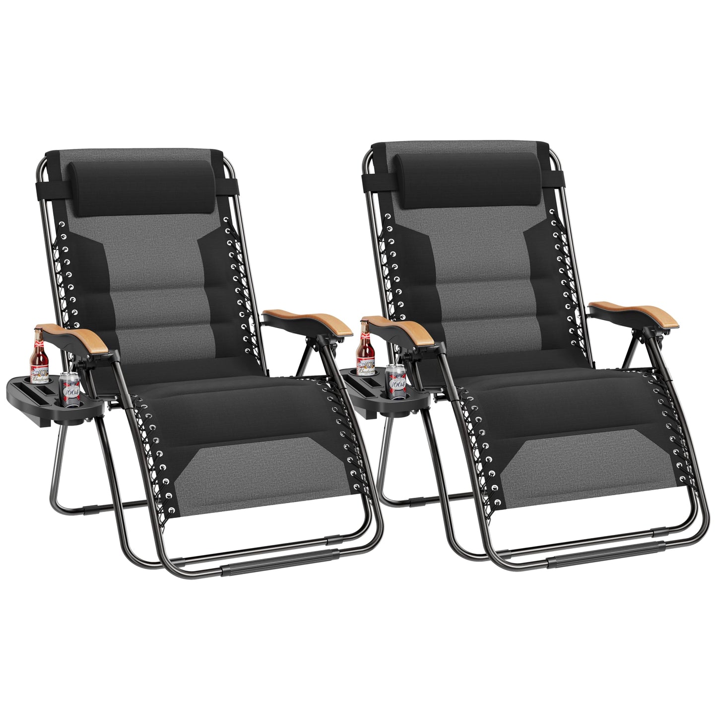 PHI VILLA XXL Oversized Padded Zero Gravity Chair Set of 2, Foldable Patio Recliner, 30" Wide Seat Anti Gravity Lounger with Armrest and Cup Holder, Support 400 LBS (Black)