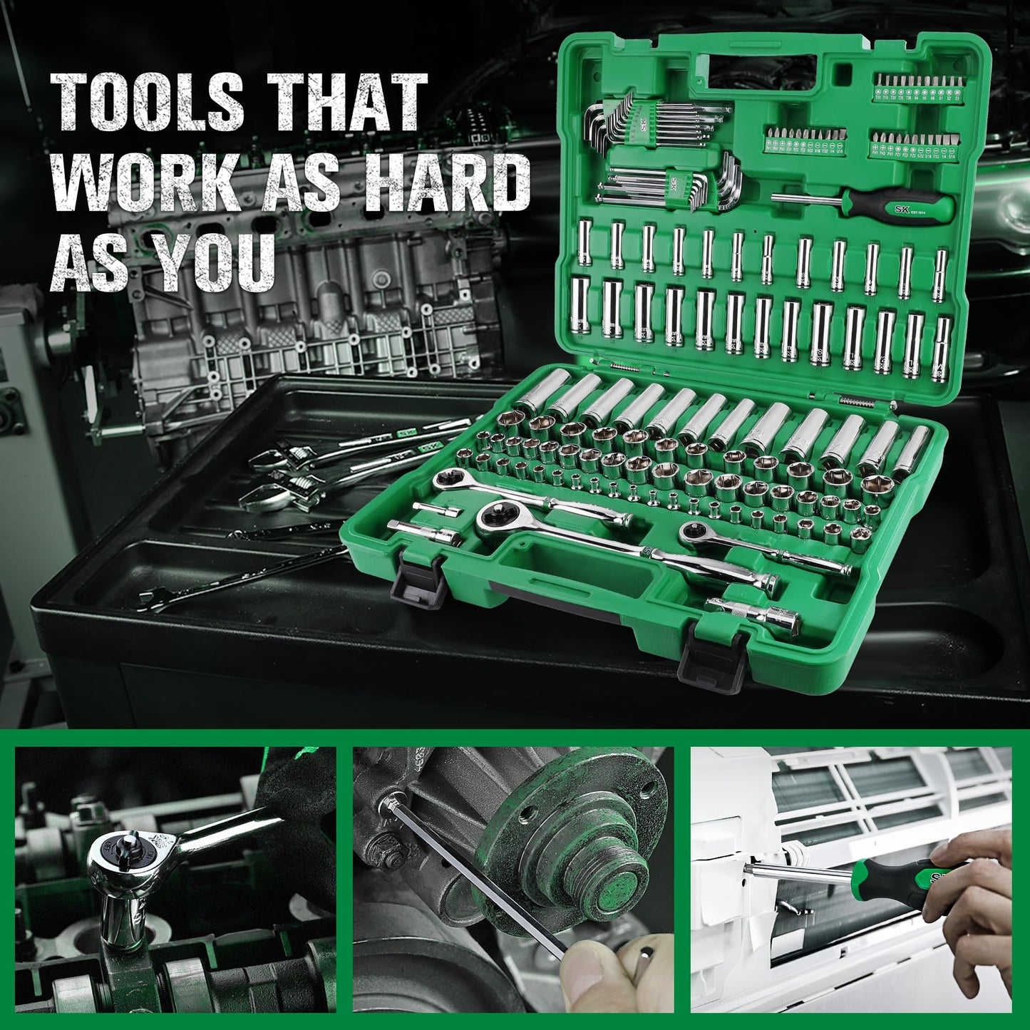 SK Mechanics Tool Set, 1/4" & 3/8" & 1/2" Drive Socket with 216-P Ratchet, 149-Piece, SAE & Metric, SuperKrome Finish, with Storage Suitcase