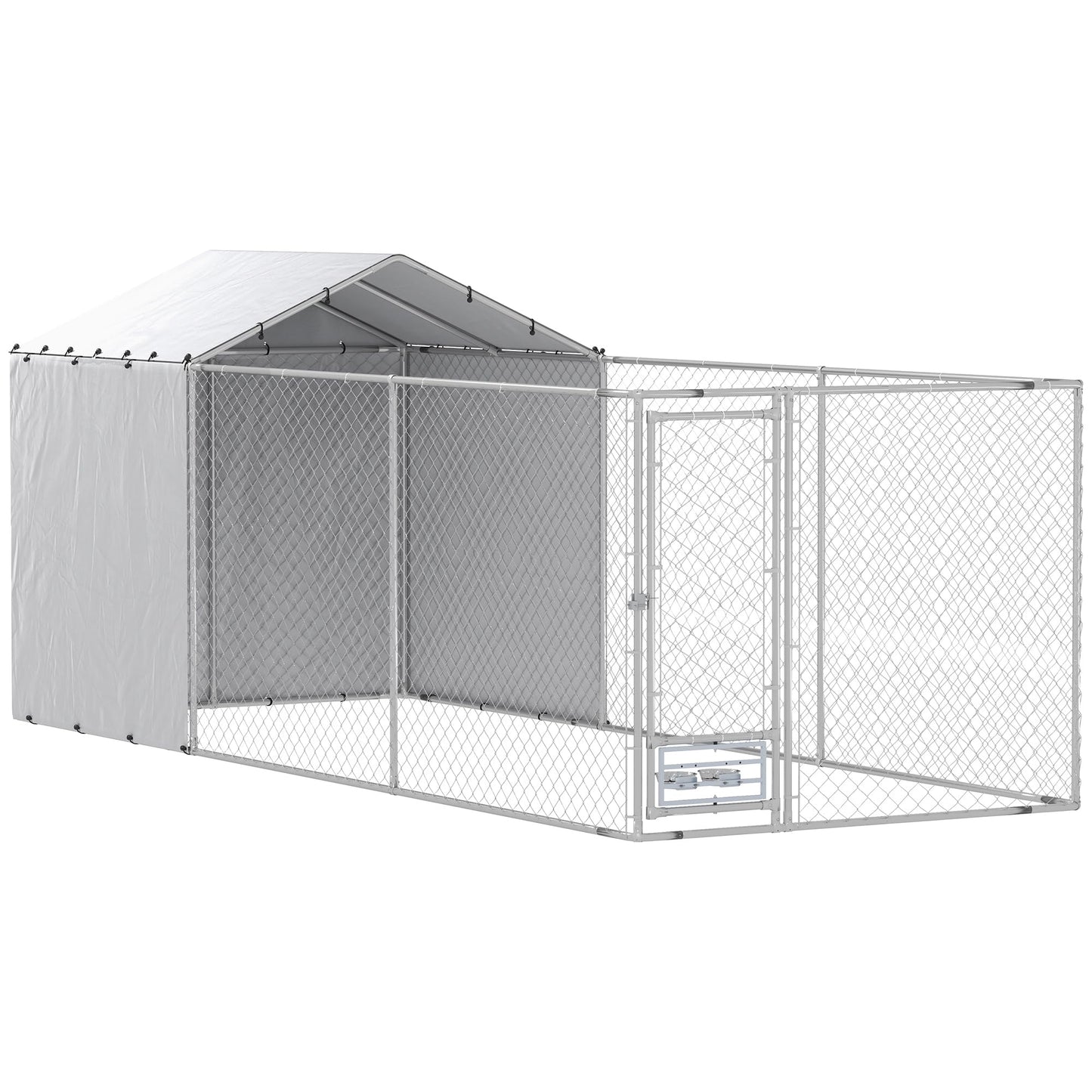 PawHut Large Outdoor Dog Kennel, Heavy Duty Galvanized Chain Link Dog Kennel Outside with Waterproof & UV-Resistant Cover, Rotating Bowls Door, for M&L Breeds, Chickens, Ducks, 20' x 7.5' x 7.5'