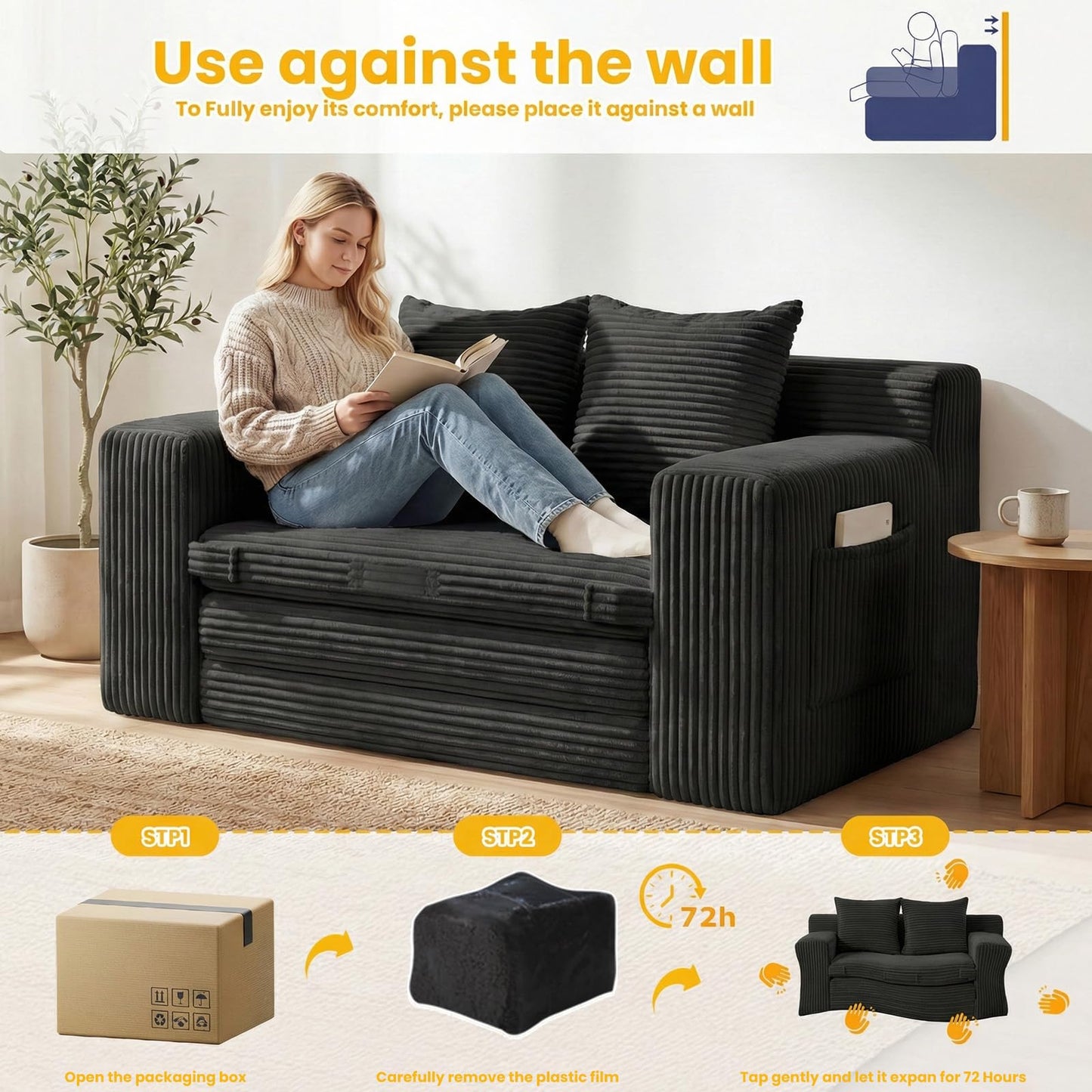 Boneless Loveseat Sleeper Sofa Bed: 3-in-1 Convertible Sofa Bed with Side Pockets & Handle,Pull Out Couch with 2 Pillows,Folding Futon for Small Space,Living Room & Bedroom,Corduroy Fabric,No Assembly