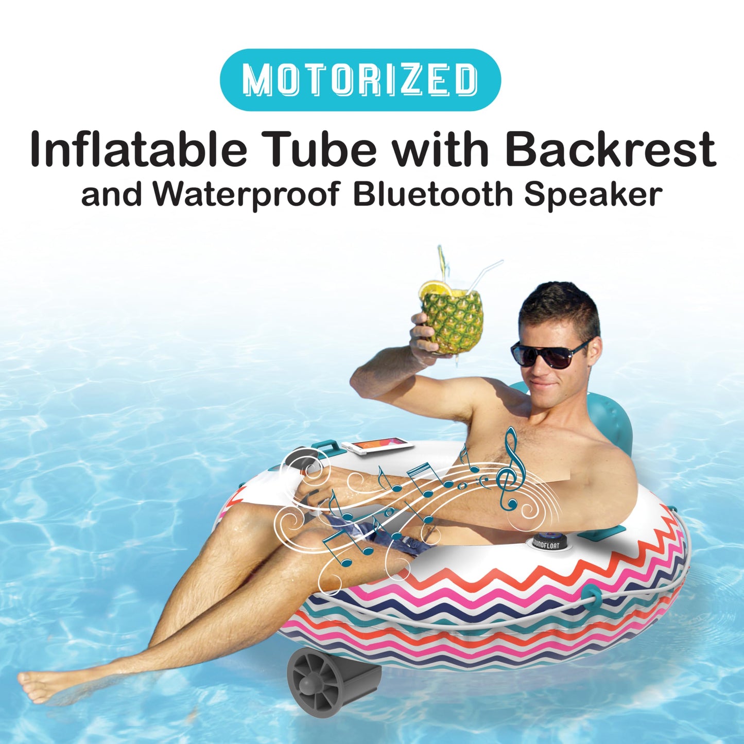 Inspired Living Motorized Inflatable Pool Float Lounger Tube, Bluetooth 5 IPX7 Waterproof Speaker, Pool & Lake Float with Mesh Bottom, Cup Holder, Backrest, Heavy-Duty Handles, 66W Motor