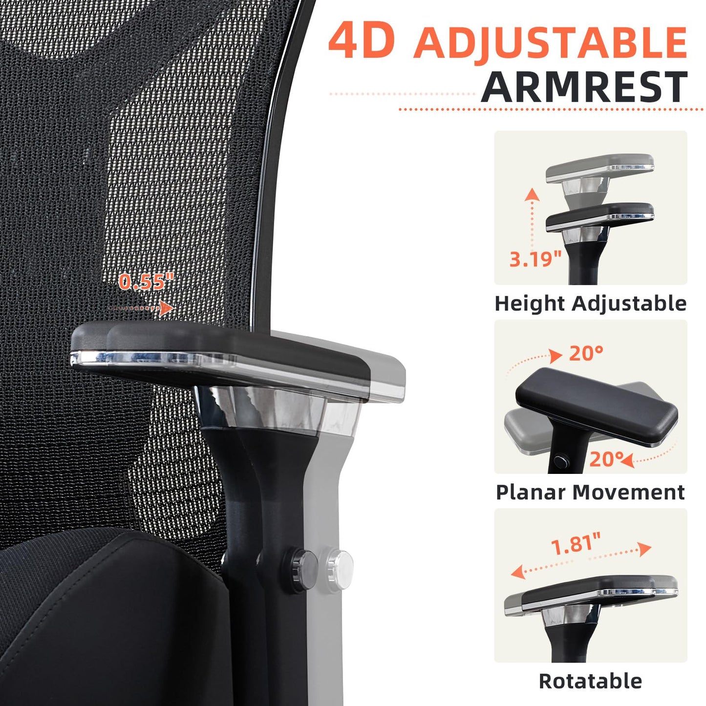 600lbs Big and Tall Office Chair with W-Shaped Seat Cushion, Ergonomic Mesh Desk Chair with Adjustable Lumbar Support, 4D Armrests for Heavy People