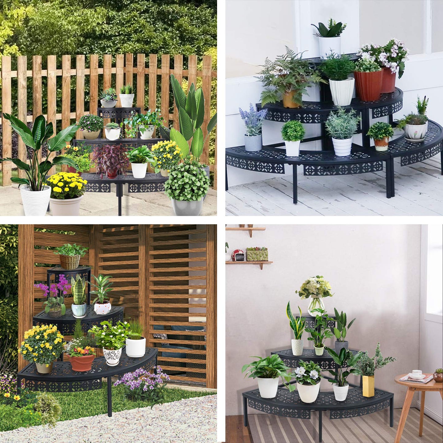 aboxoo 3 Tier Plant Stand Flower Pot Rack, Metal Stair-Step Style Corner Shelf Planters, Quarter Round Display Holder for Indoor Outdoor Use(Black, Semicircle)