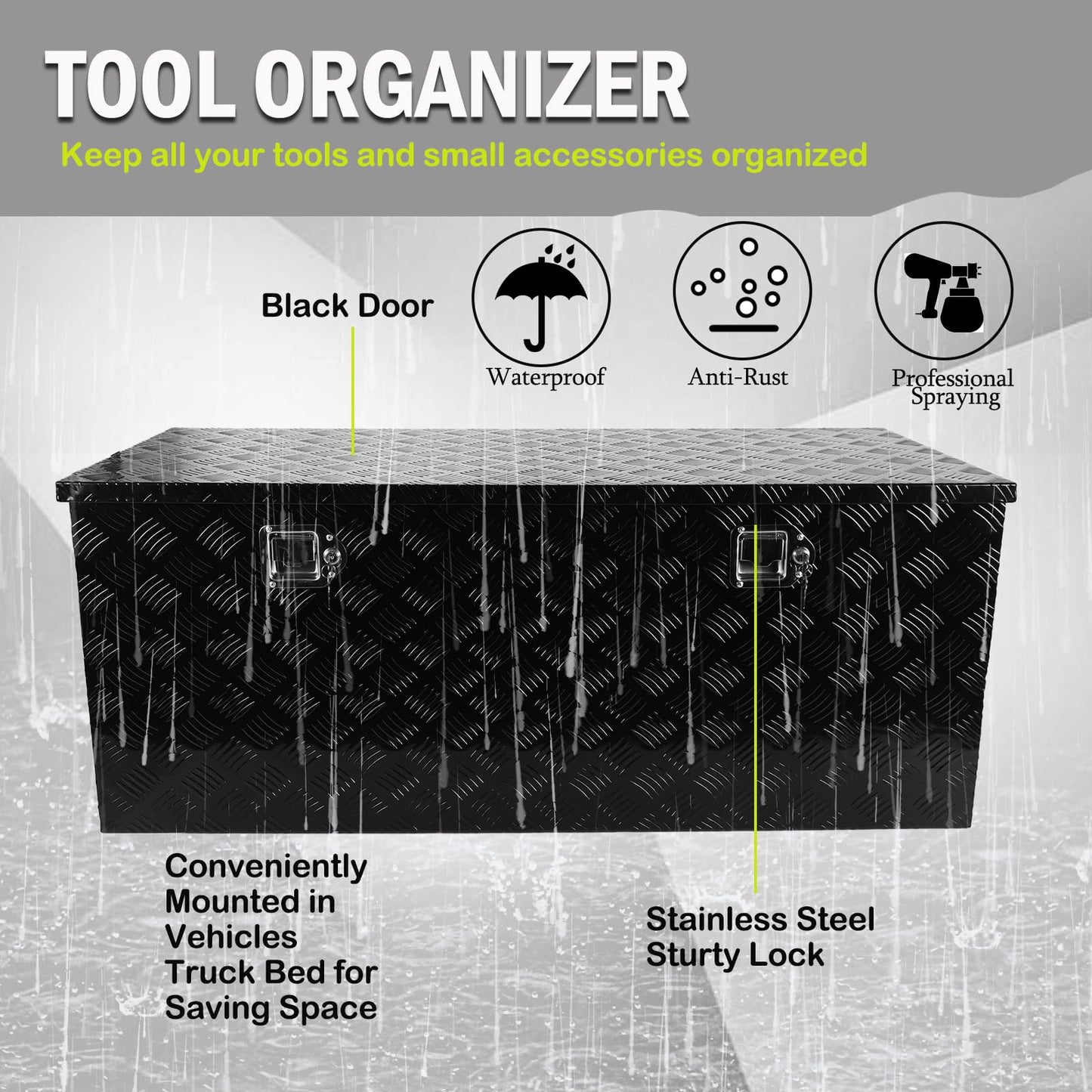 caqeg 48 Inch Heavy Duty Aluminum Stripes Plated Tool Box Pick Up Truck Bed RV Trailer Toolbox Square Storage Organizer with Side Handle, Lock and Keys, Waterproof -48"x 19.5"x 17.5", Black