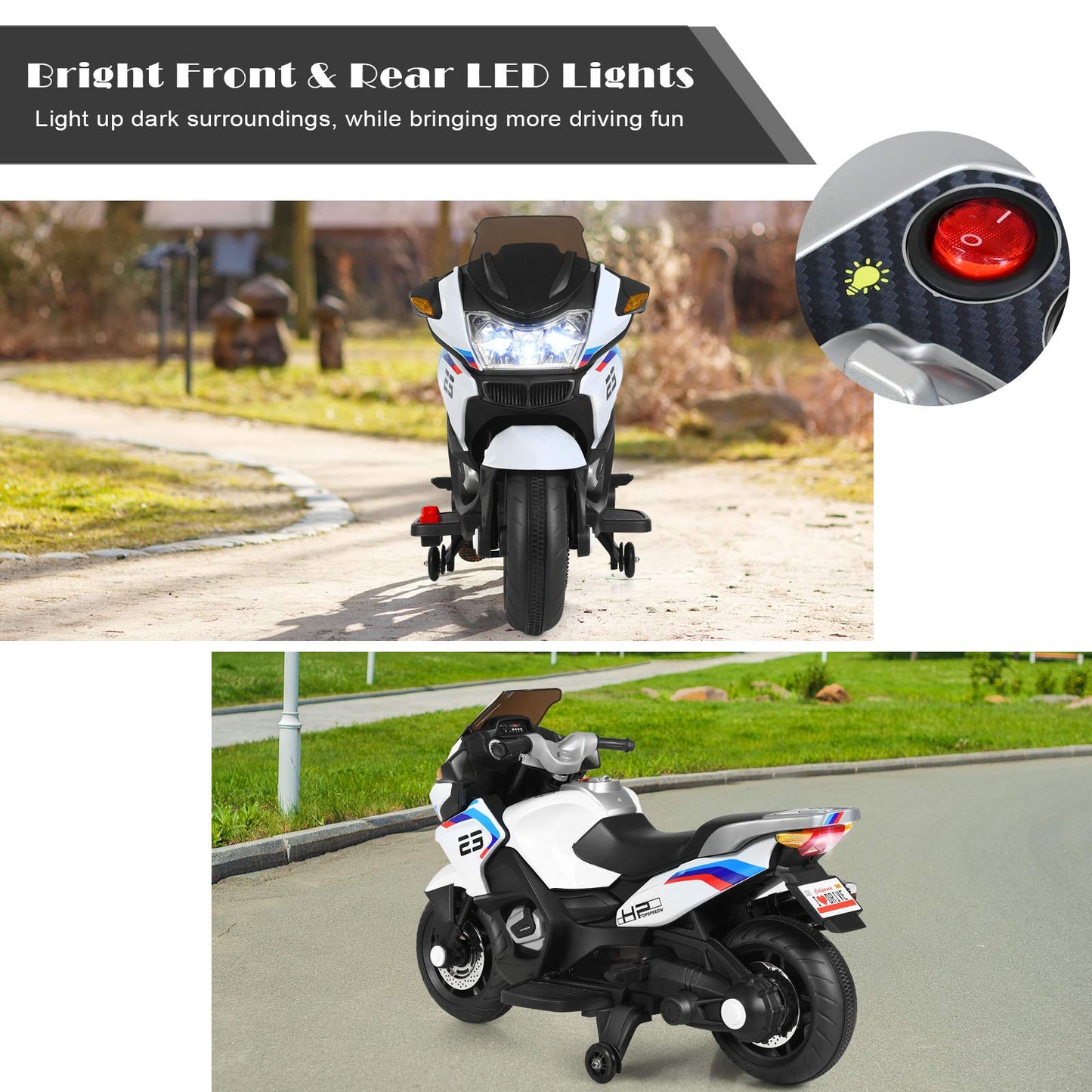 Costzon Kids Ride On Motorcycle, 12V Electric Battery Powered Ride On Bike w/Training Wheels, LED Lights, Music, Pedal, Forward/Reverse, Gift for Children Boys Girls (White)