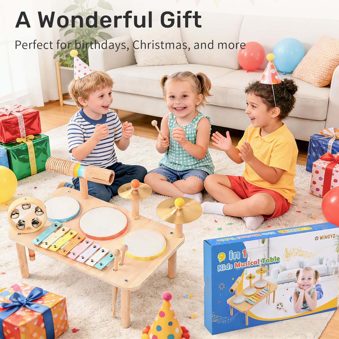 WINGYZ Kids Drum Set – 9-in-1 Montessori Toys for 1-3 Year Old & Wooden Musical Instruments for Toddlers, Baby Musical Toys with Drums, Xylophone, Helps Hand-Eye Coordination, Gift for 1-3 Boys Girls