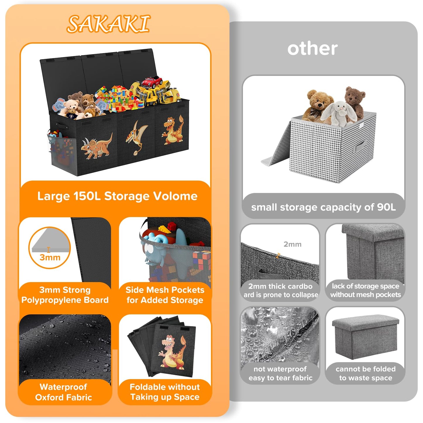 Extra Large Toy Box Chest, Collapsible Sturdy Toy Storage Organizer Boxes Bins Baskets Dinosaur Kids Toy Chest Bin with Lids for Boys Girls Living Room Playroom Bedroom Nursery 41"x14"x16" Black