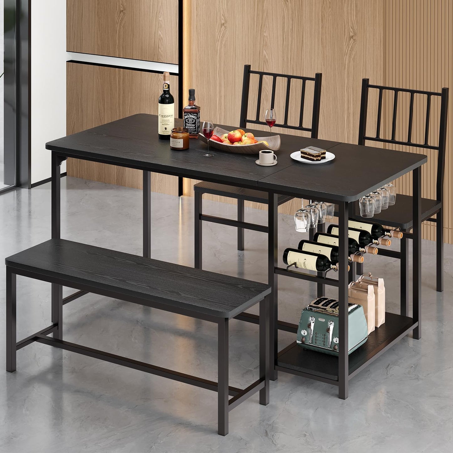 4 EVER WINNER Dining Table Set for 4, 55" Small Kitchen Table with Wine Rack & Wine Glasses Holder, Dining Room Table Set with 2 Chairs and Bench for Small Space, Black