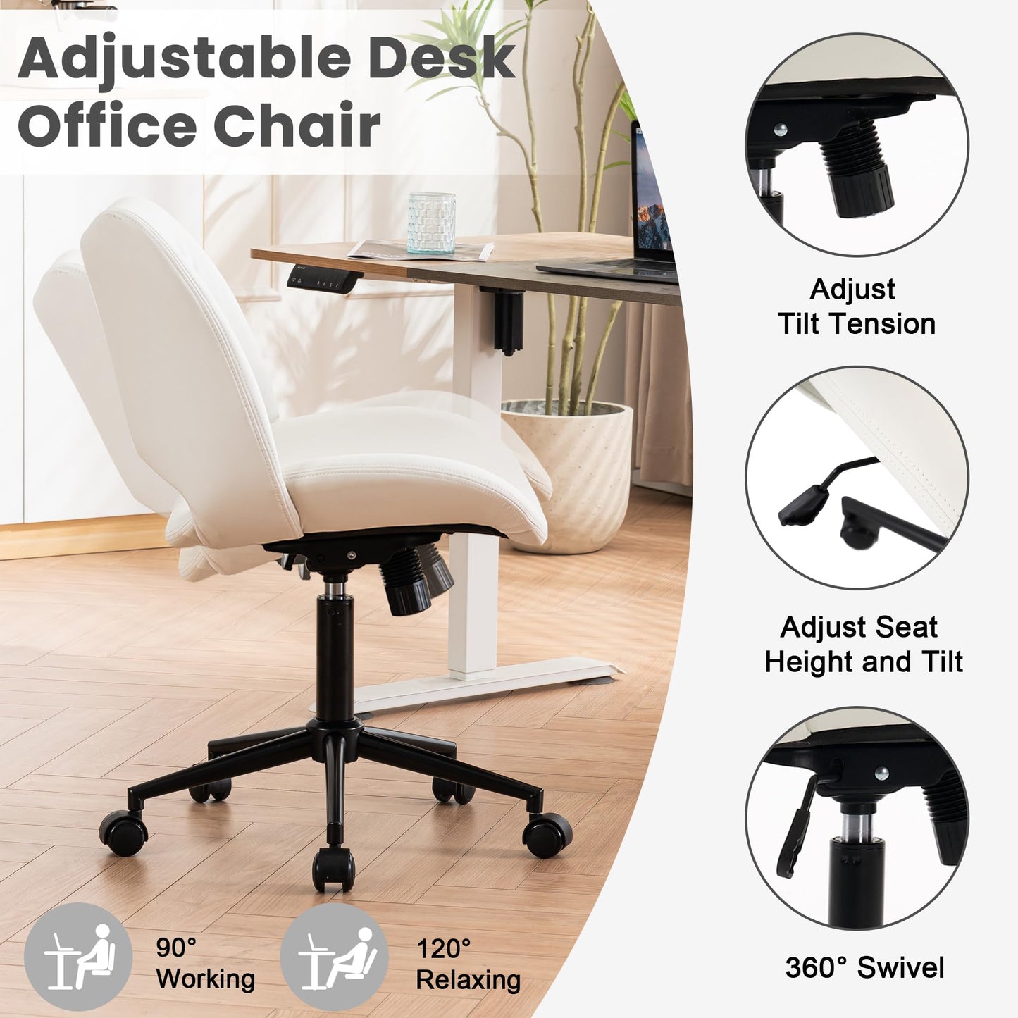 ROHASID Armless Desk Chair, Comfy Armless Office Chair with Wheels, Height Adjustable Faux Leather Desk Chairs for Office, Swivel Vanity Chair with Back for Bedroom, Reading Nook, White