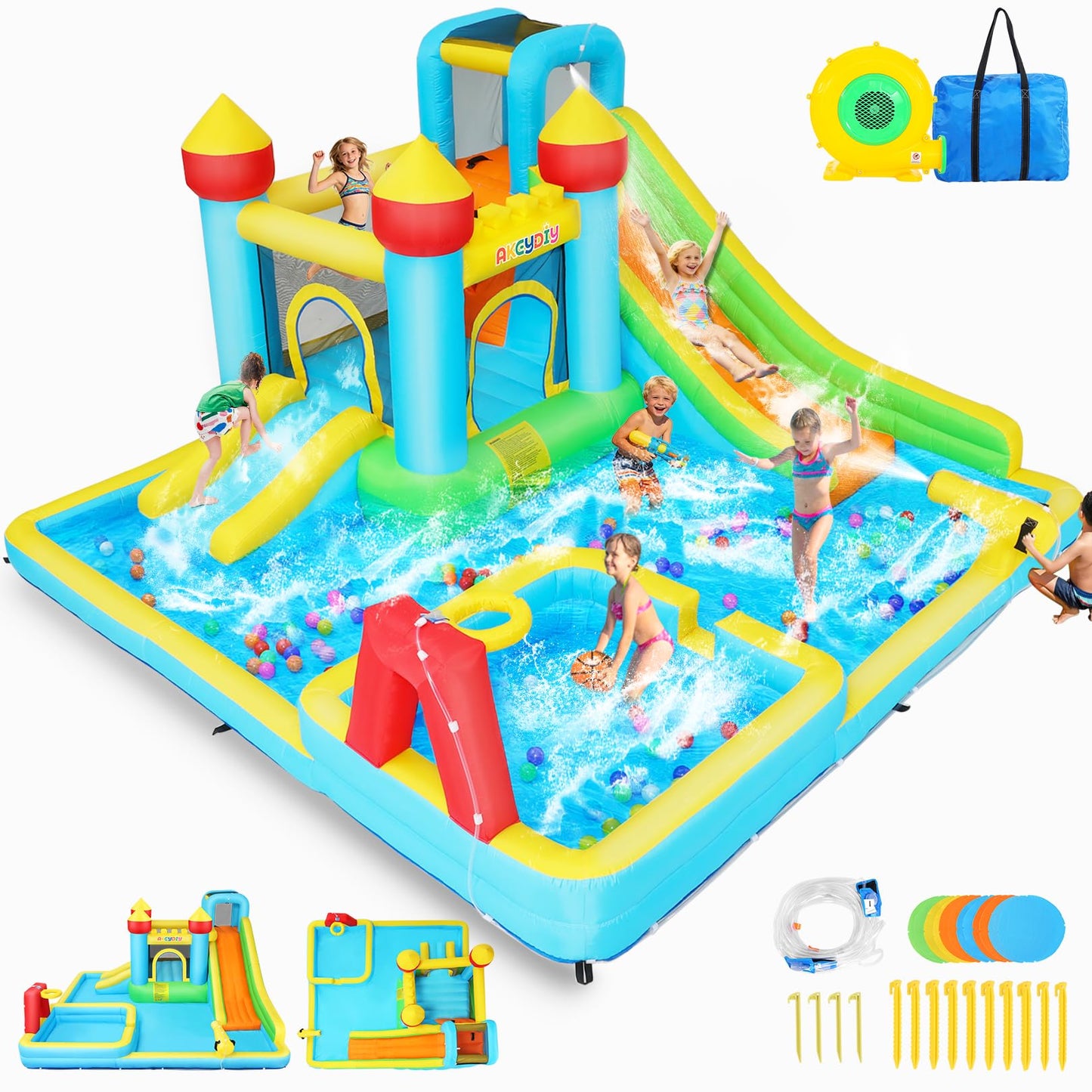AKEYDIY Water Slide,Outdoor Inflatable Water Slide for Kids,Water Bounce House with Deep Splash Pool,Dual Slide,Big Bounce Area,Water Cannon&Basketball Hoop,Bouncy Castle with 550W Blower for Backyard