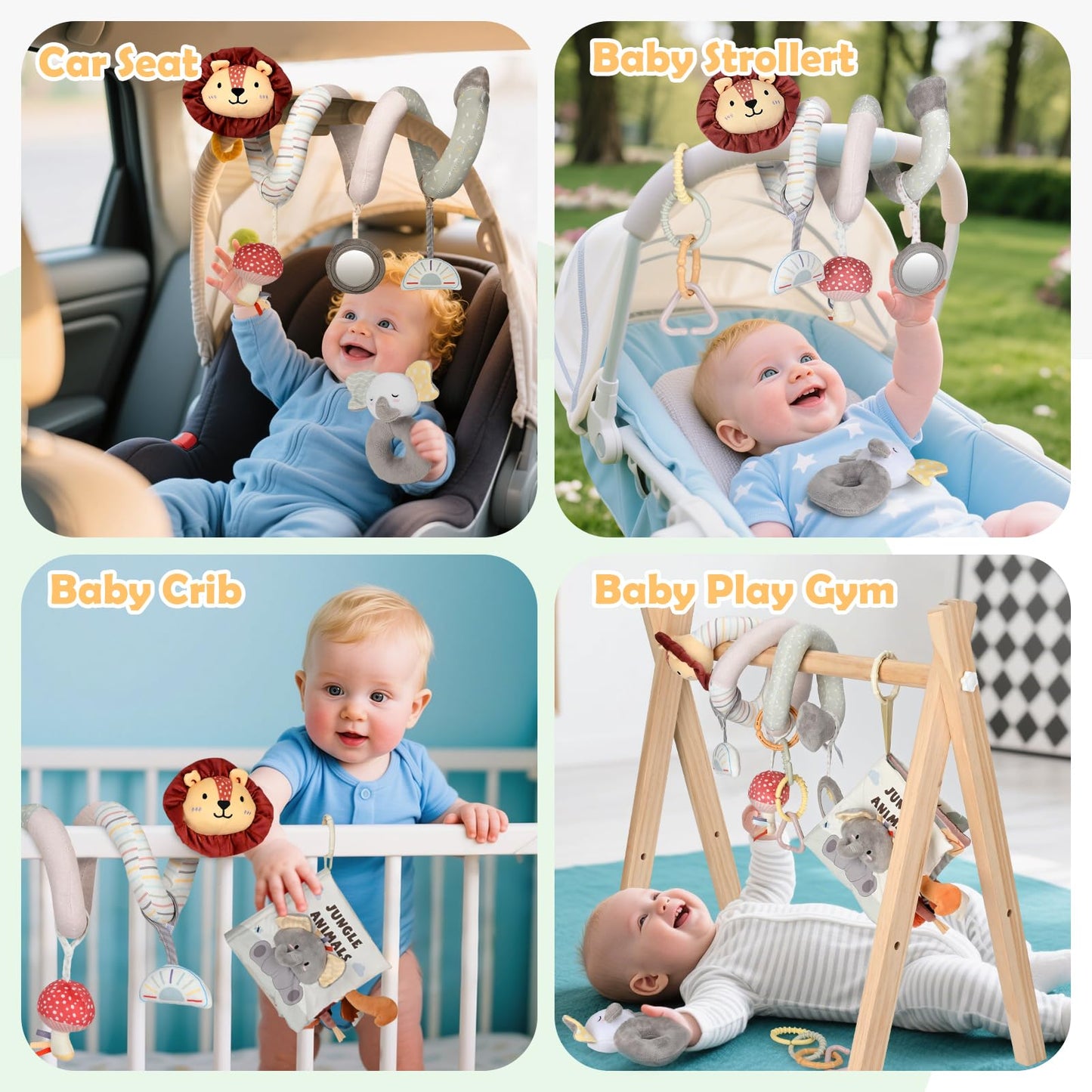 Joyreal Spiral Car Seat Toys with Jungle Soft Book, Plush Rattles and Linking Rings, Stroller & Travel Toy for Newborns and Infants 0-12 Months Girls Boys