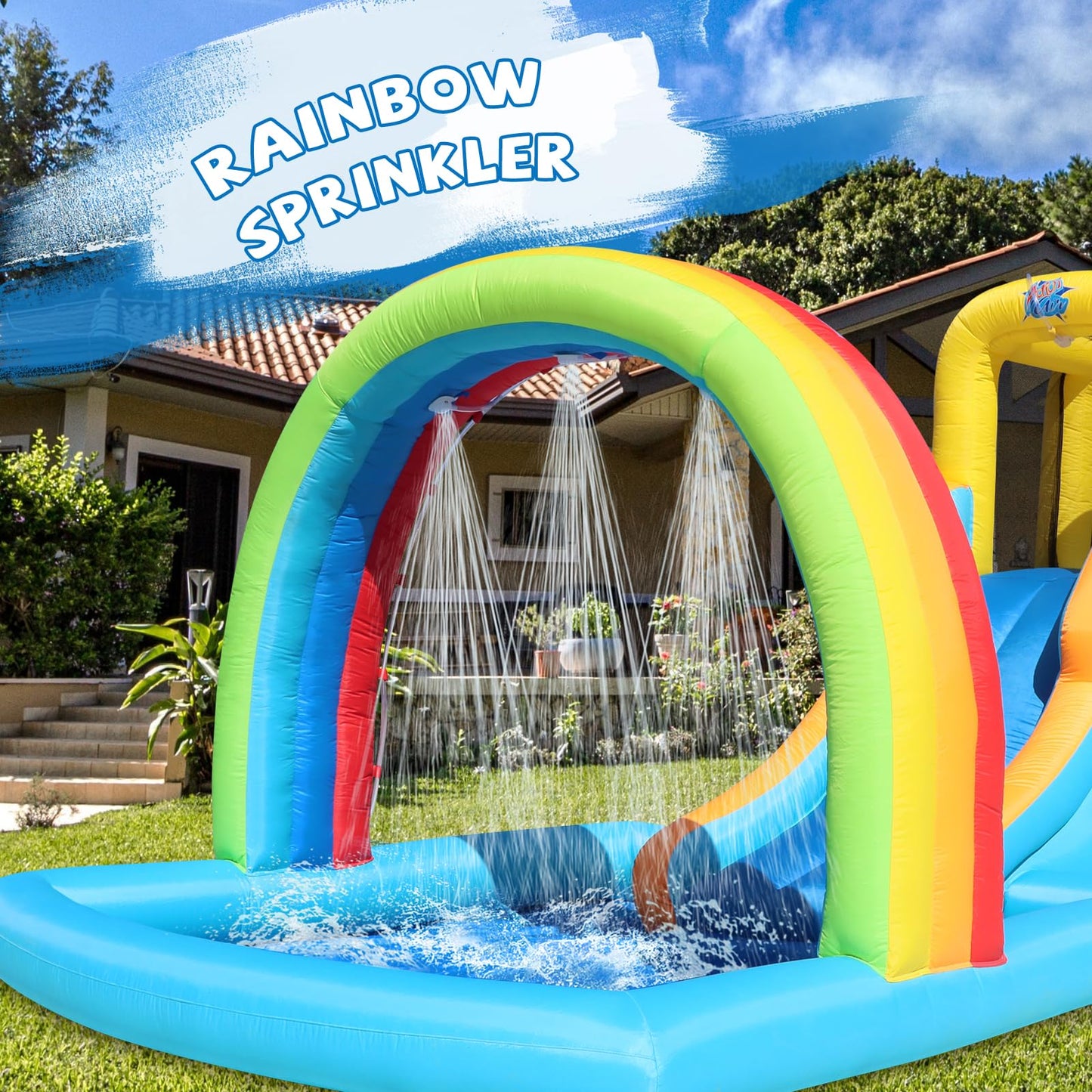 Action Air Inflatable Water Slide, Bounce House with Slide for Wet and Dry, Kids Backyard Waterpark for Summer Fun, Rainbow Splash Pool for Age 3-8, Love for Kids