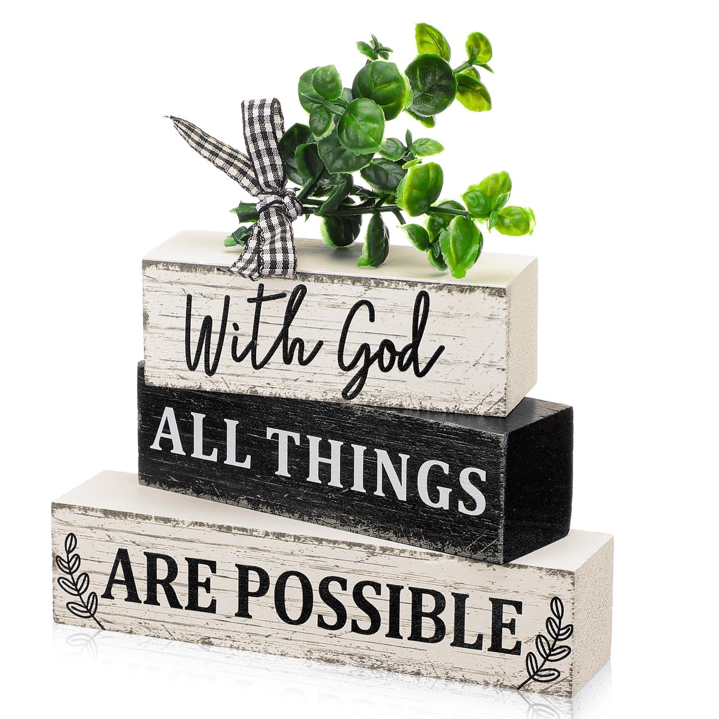 Geelin 4 Pcs Christian Wooden Sign Farmhouse Rustic Eucalyptus Leaves Wood Block Sign Table Centerpiece Religious Tiered Tray Decor Centerpiece Decor for Home Summer