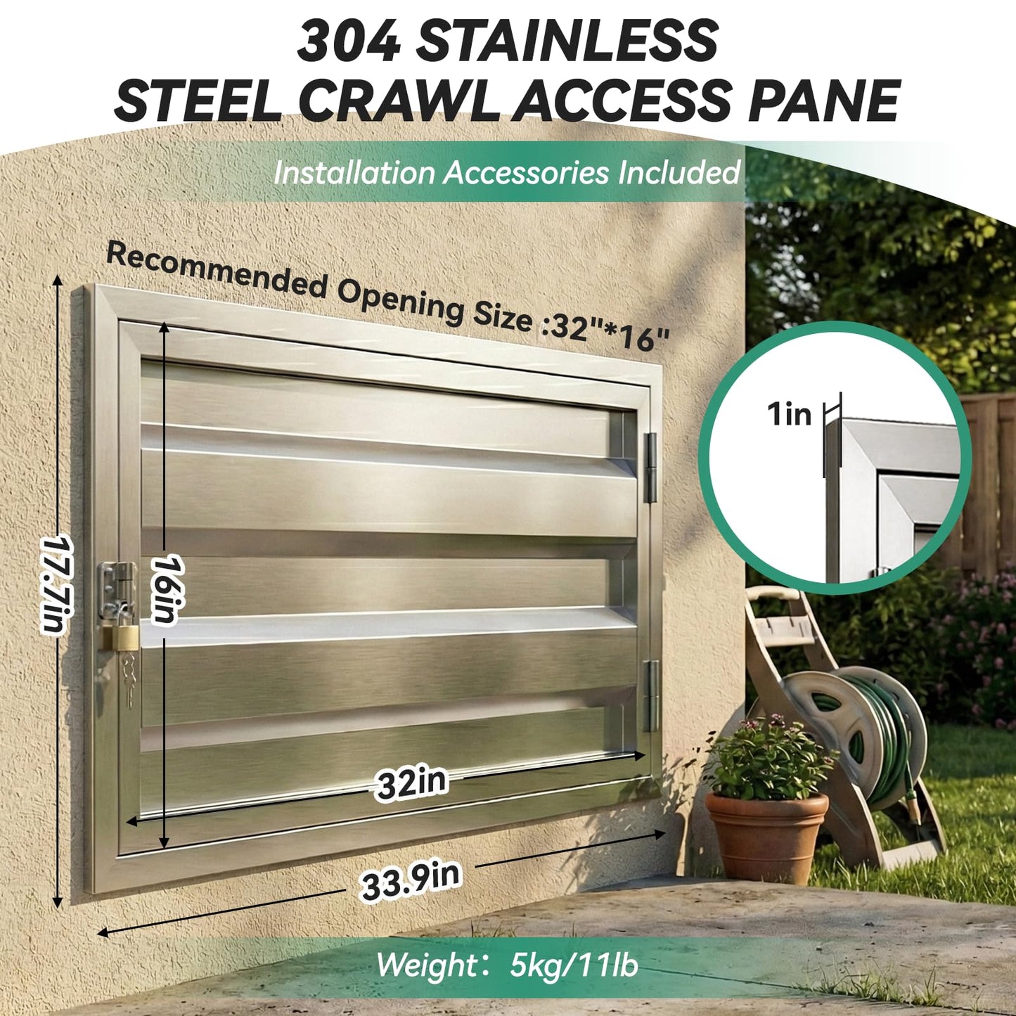 DRKSBesto 32" X 16" 306 Stainless Steel Crawl Space Door, Heavy Duty Stainless Steel Access Door with Lock and Key, Thickened Crawl Access Panel, Includes Installation Screws