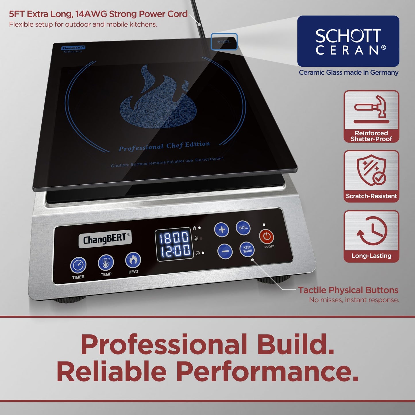 ChangBERT Induction Cooktop NSF Certified Professional Chef Edition Stove, 1800W Commericial Induction Burner with Schott Glass, Large Heating Coil Electric Hot Plate for Restaurant Hotel Food Station