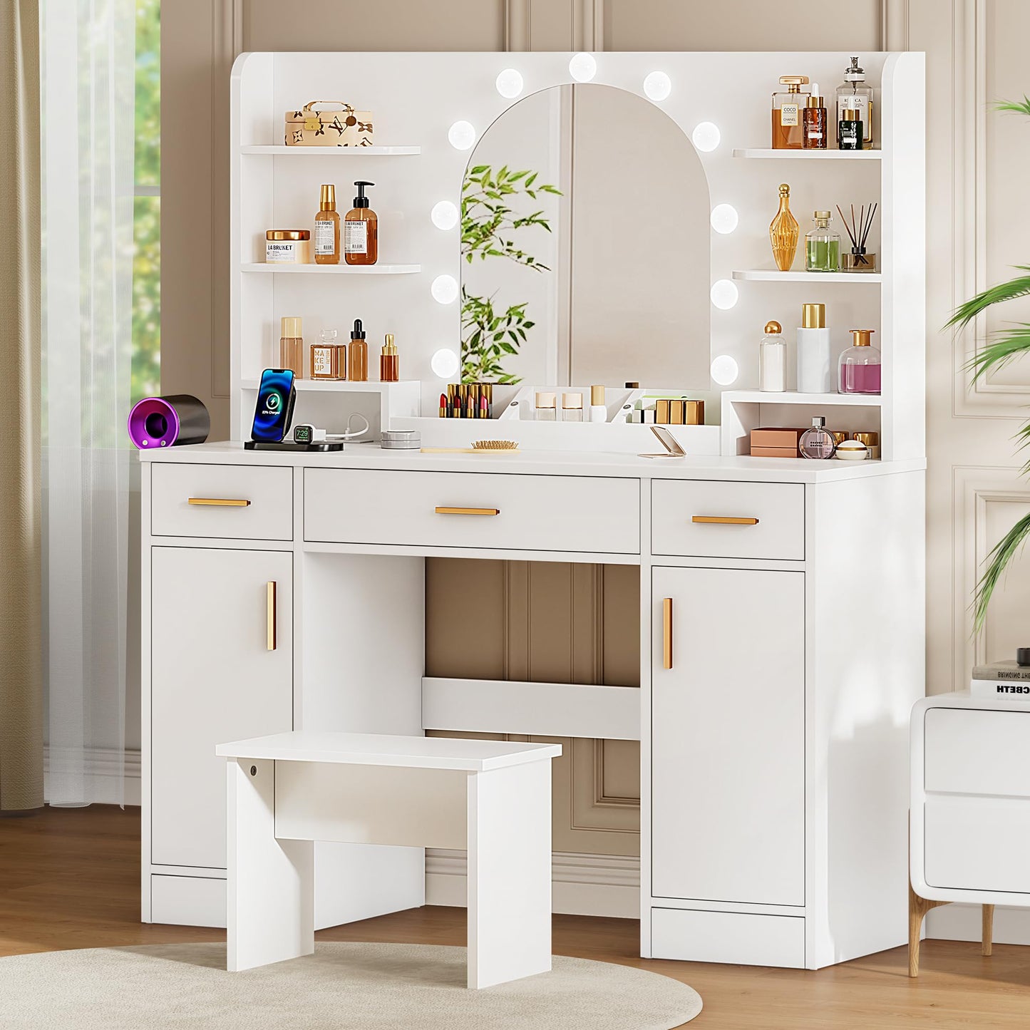 Decofy 43'' White Vanity with 11 LED Lights & Mirrow, Makeup Vanity Table with Power Outlets, Chair & Hair Dryer Holder, Dressing Table with Drawers & Cabinet