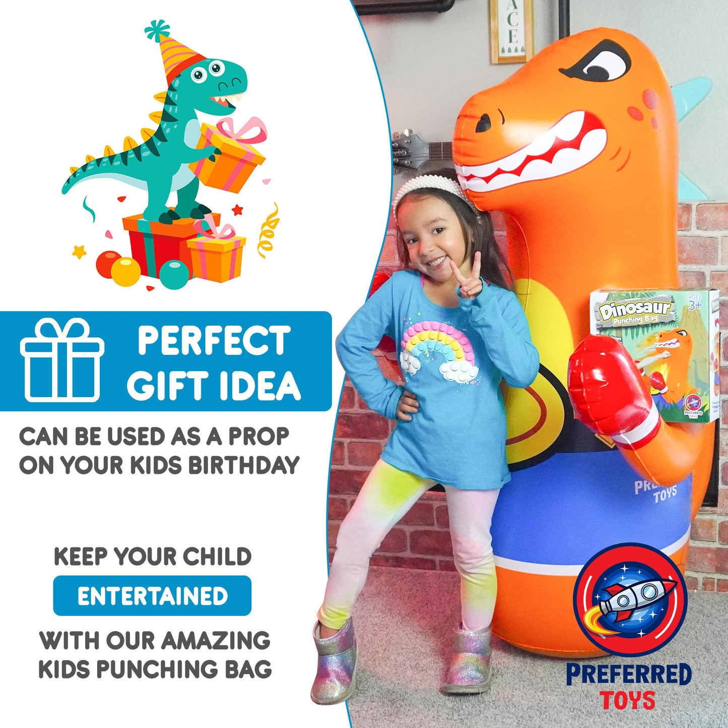 Preferred Toys 47" Inflatable Dinosaur Punching Bag for Kids - Durable Blow Up Kids Punching Bag with Bounce Back Base - Inflatable Indoor Outdoor Active Toddler Bop Play Toy - Orange