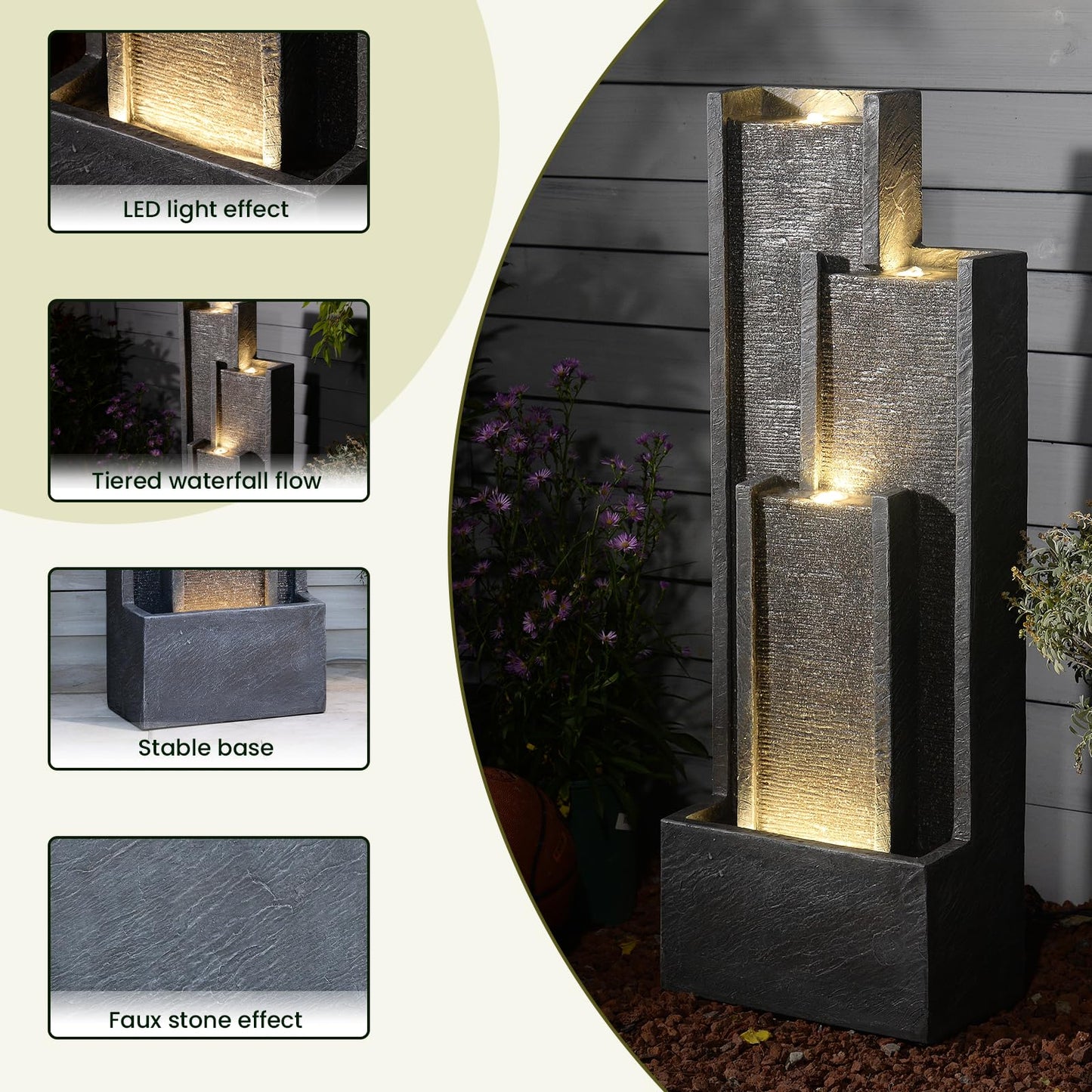 Takamota Modern Outdoor Water Fountain with Lights&Pump, Cascading Waterfall Feature Outdoor, Resin Standing Garden Fountain for Landscaping, Patio, Balconie, Yard Decor, Indoor Water Feature, Grey
