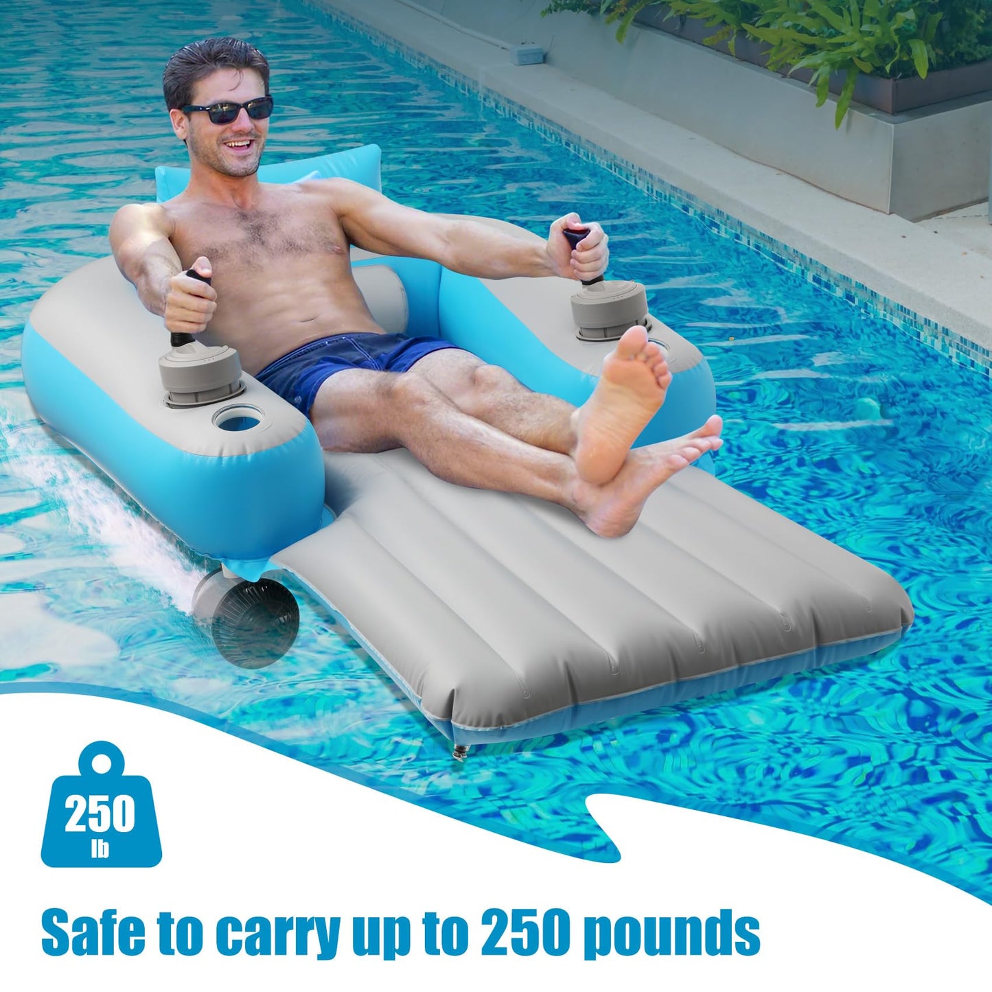 Motorized Pool Float for Adults - Rechargeable Dual Motors Heavy Duty Pool Lounger with 2 Storage Pockets, 250 lb Capacity, Electric Floating Raft for Lake/Pool