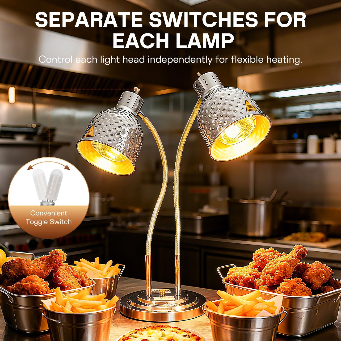 Hiteemer Food Heat Lamp - 500W Commercial Food Warmer Lamp 2-Head Portable Electric Heating Lamps Catering Warming Light for Buffet Parties Restaurant Kitchen, Silver