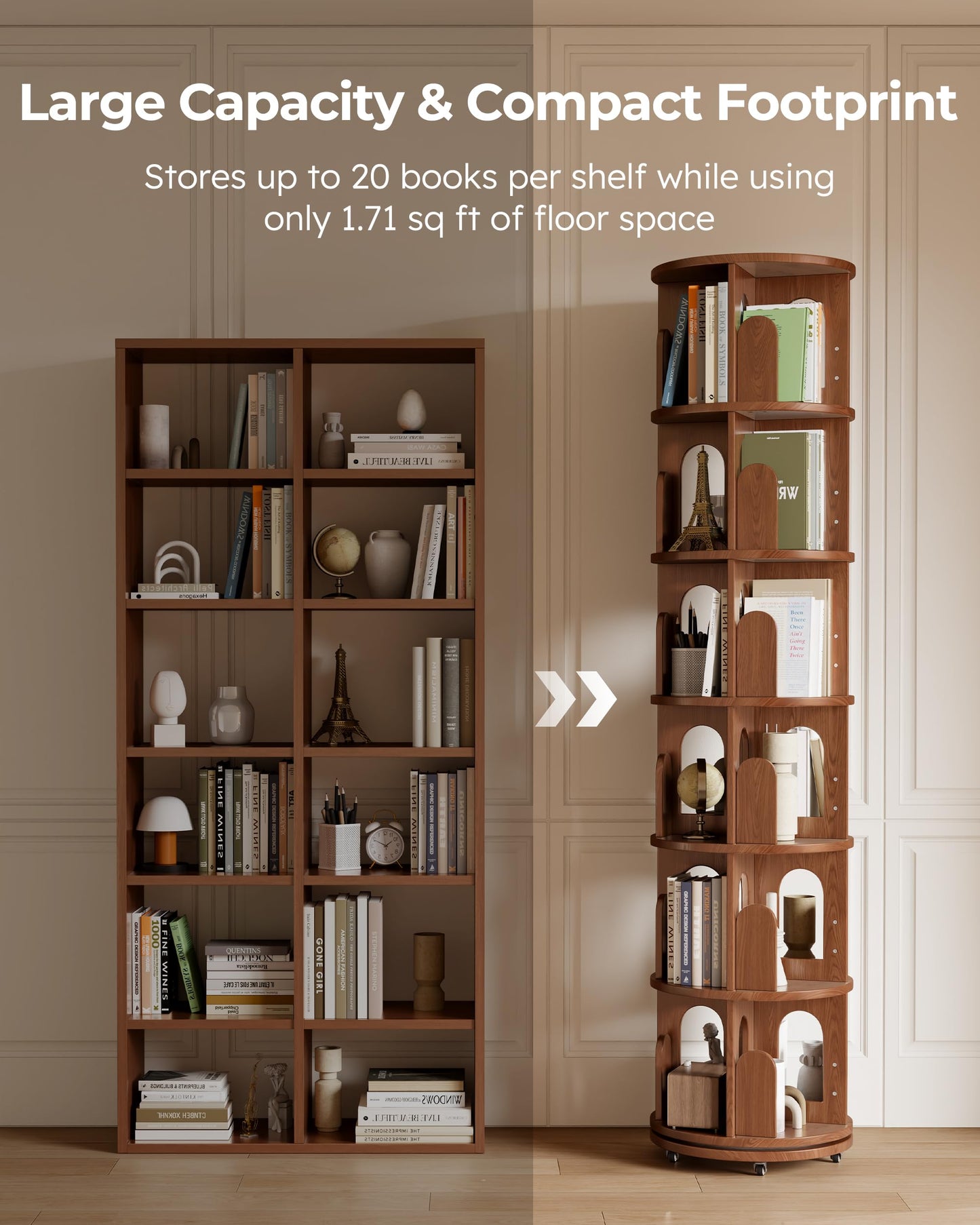 DONGMUWUJEE Solid Wood Rotating Bookshelf Tower, 6 Tier Corner Bookshelf with Bookends, Kids Spinning Book Shelf with Wheels, Revolving Bookcase Shelf, Tall Narrow Bookshelves for Small Spaces, Walnut