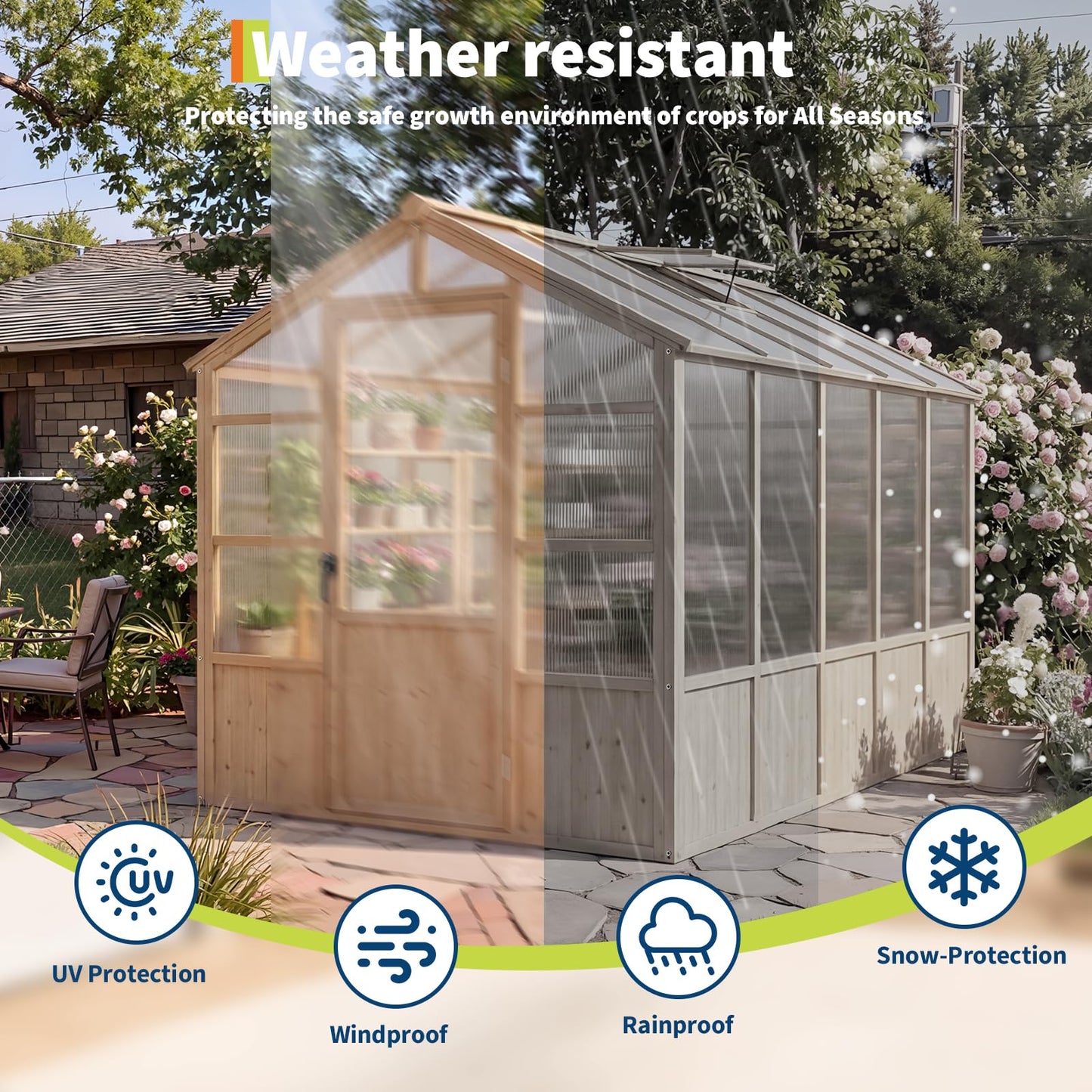 Large Wood Frame Greenhouse for Outdoor - Wooden Walk-in Greenhouse Kit with Polycarbonate Panels, Ventilated Window & Lockable Door for Garden, Backyard, Patio, Lawn, Plant House