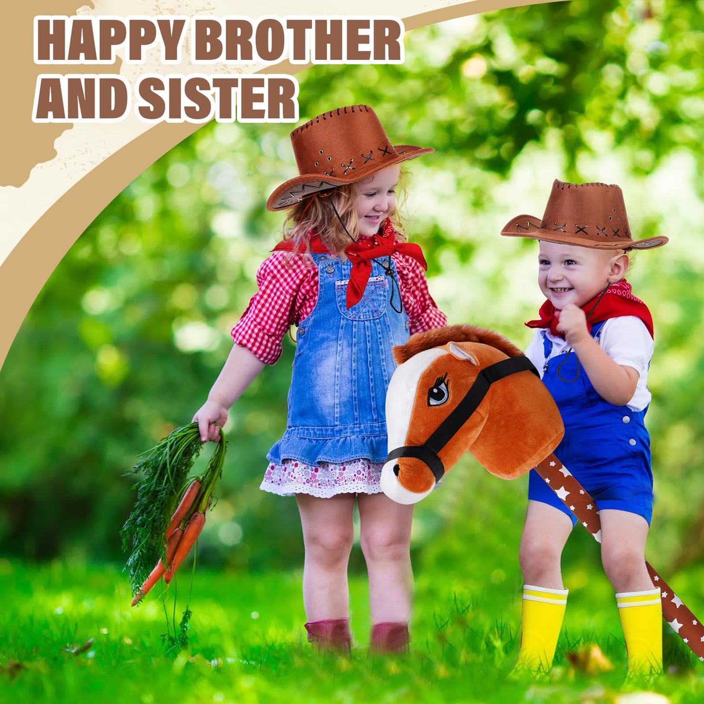 Poen 4 Pack Light Brown Horse Stick with Sound Red Bandana Set 27.6'' Toys Stick Horse Western Cowboy Bandana Head with Neighing Sound for Boys Girls Fun Pretend Games Son Daughter(Brown and Red)