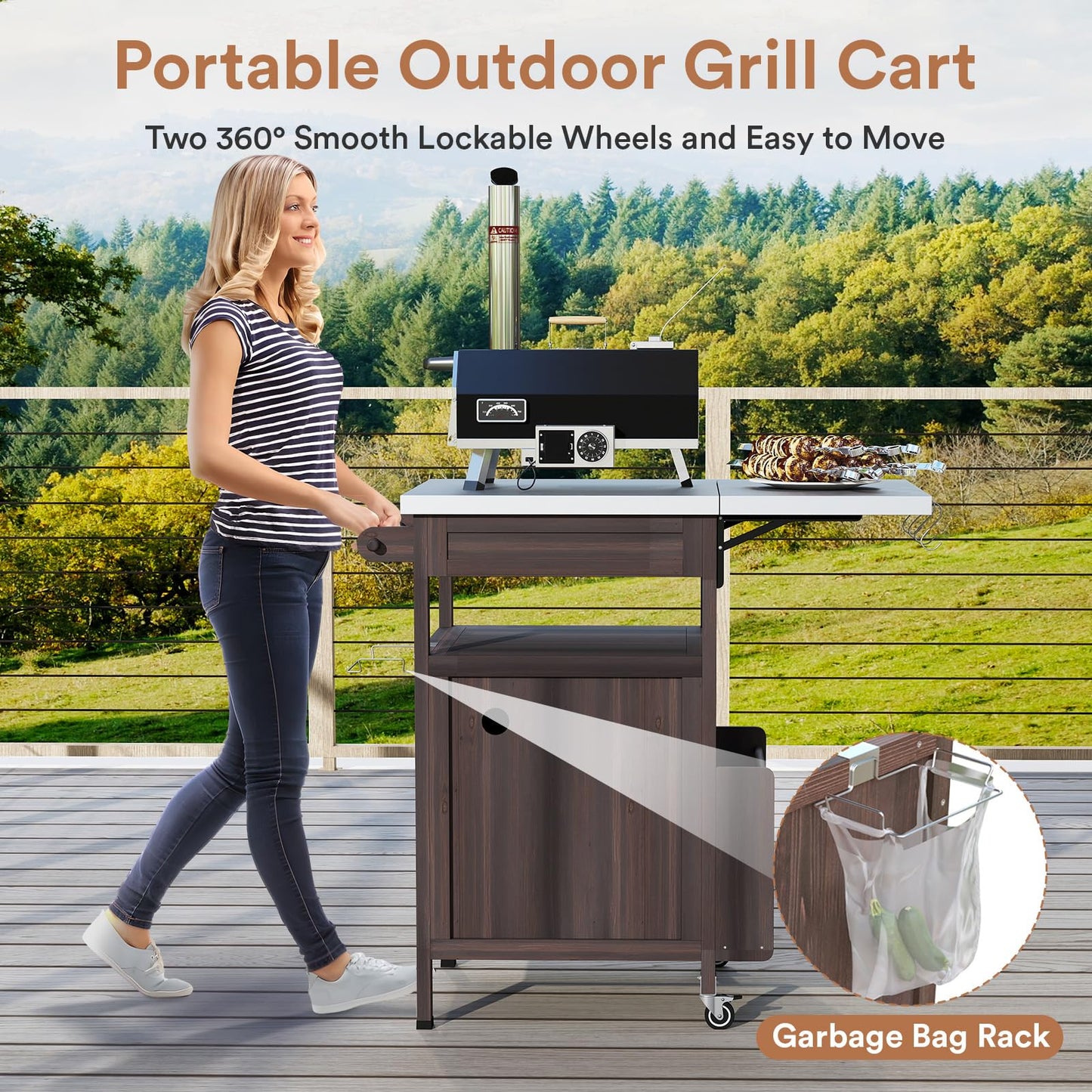 Zevemomo Outdoor Grill Cart with Drop Leaf, Stainless Steel Tabletop Outdoor Kitchen Island, Solid Wood Outdoor Buffet Cabinet with Drawer, Towel Rack, Lockable Wheels for Grilling, Brown