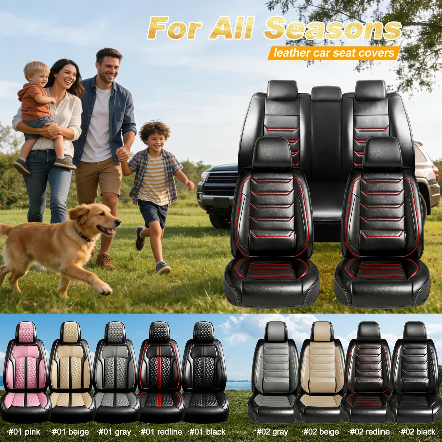 FiveFox Fit Trax Car Seat Covers for Chevrolet/Chevy Trax 2015-2026 - Luxury Full Coverage Leather, Waterproof & All Weather Breathable Seat Cushion Protector, Airbag Compatible, Full Set, Red Trim