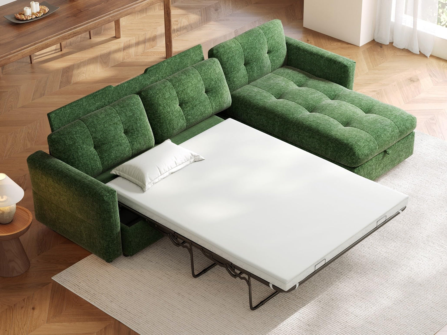 LINSY Oversized Sectional Sleeper Sofa 118" Pull Out Couch with Storage Chaise, Convertible Sofa Bed with Memory Foam Topper, Comfy L Shaped Couches for Living Room Apartment Dorm Room, Green
