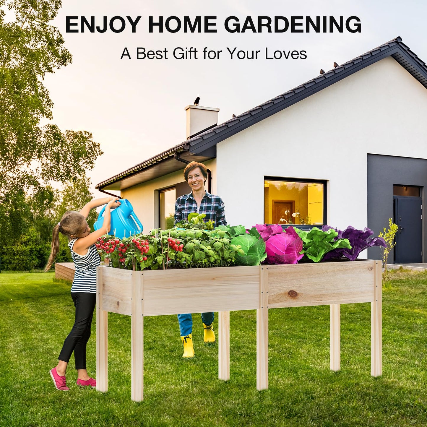 MIXC 72”L X 23”W Raised Garden Bed Outdoors with Legs, Elevated Reinforced Wooden Large Planter Box for Backyard, Patio, Balcony w/Divider Panel, 6 Legs, 300lb Capacity